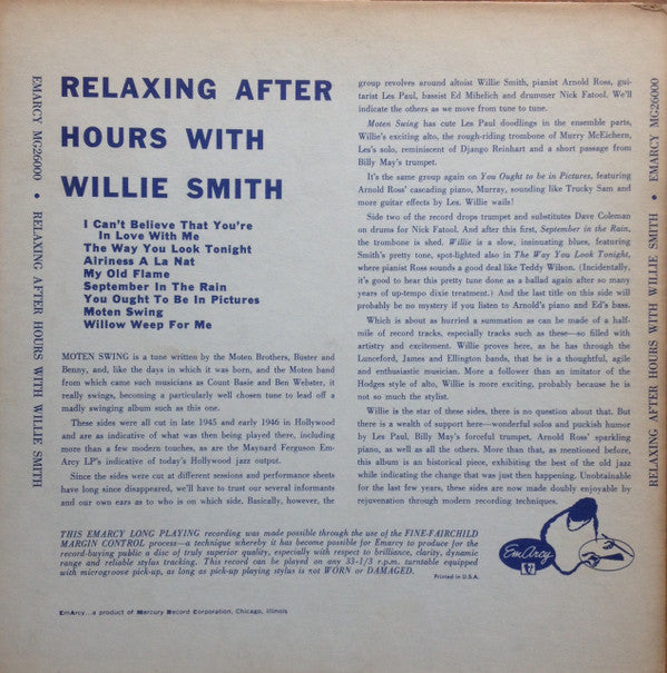 Willie Smith And His Friends : Relaxing After Hours With Willie Smith (10")