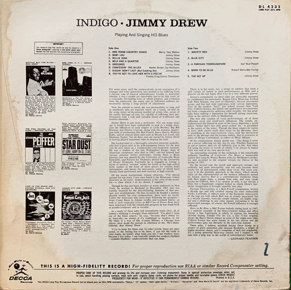 Jimmy Drew : Indigo (LP, Album, Mono, Pin)