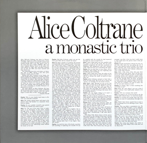 Alice Coltrane : A Monastic Trio (LP, Album, RE, Gat)