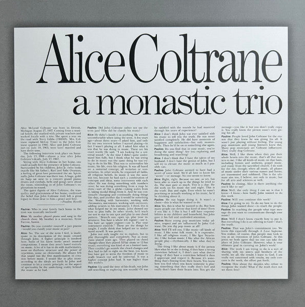 Alice Coltrane : A Monastic Trio (LP, Album, Ltd, RE, Yel)