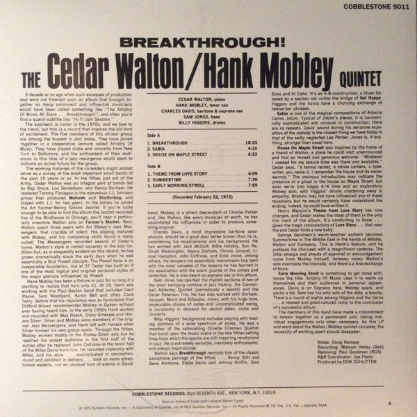 The Cedar Walton / Hank Mobley Quintet : Breakthrough (LP, Album, RE)