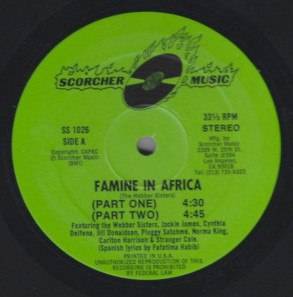 Webber Sisters, Jackie James (3), Cynthia Delfenia, Pluggy Satchmo, Norma King, Carlton Harrison, Stranger Cole, Scorcher All Stars : Famine In Africa / Love And Inspiration (12")