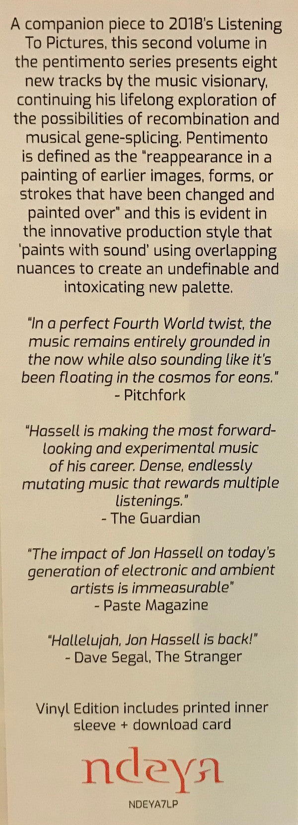 Jon Hassell : Seeing Through Sound (Pentimento Volume Two) (LP, Album)