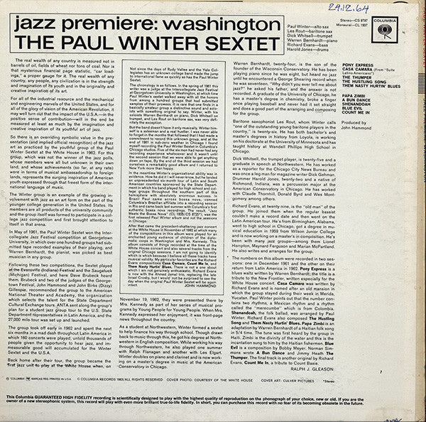 The Paul Winter Sextet : Jazz Premiere: Washington (LP, Album, Mono)