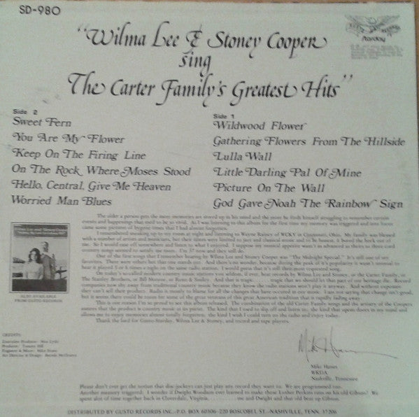 Wilma Lee & Stoney Cooper : Sing The Carter Family's Greatest Hits (LP, Album)