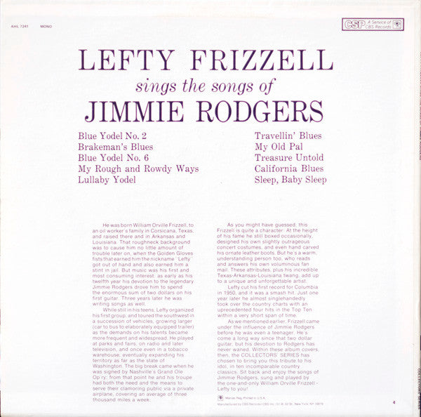 Lefty Frizzell : Lefty Frizzell Sings Songs Of Jimmie Rodgers (LP, Album, Mono, RE, Ter)