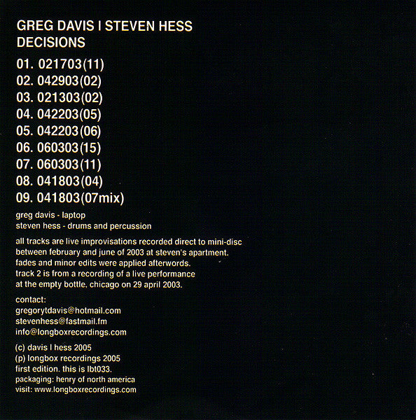 Greg Davis | Steven Hess : Decisions (CD, Ltd)