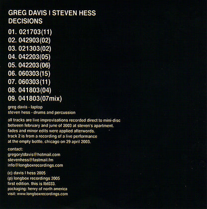 Greg Davis | Steven Hess : Decisions (CD, Ltd)